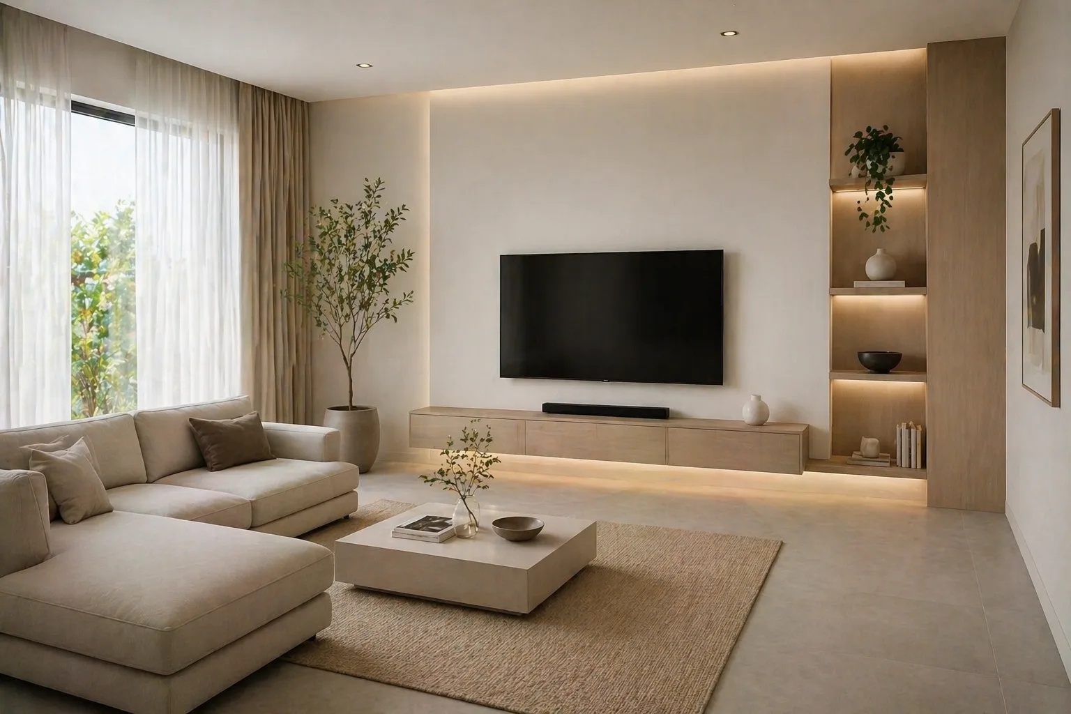 Luxury living room concept with custom TV wall and layered lighting