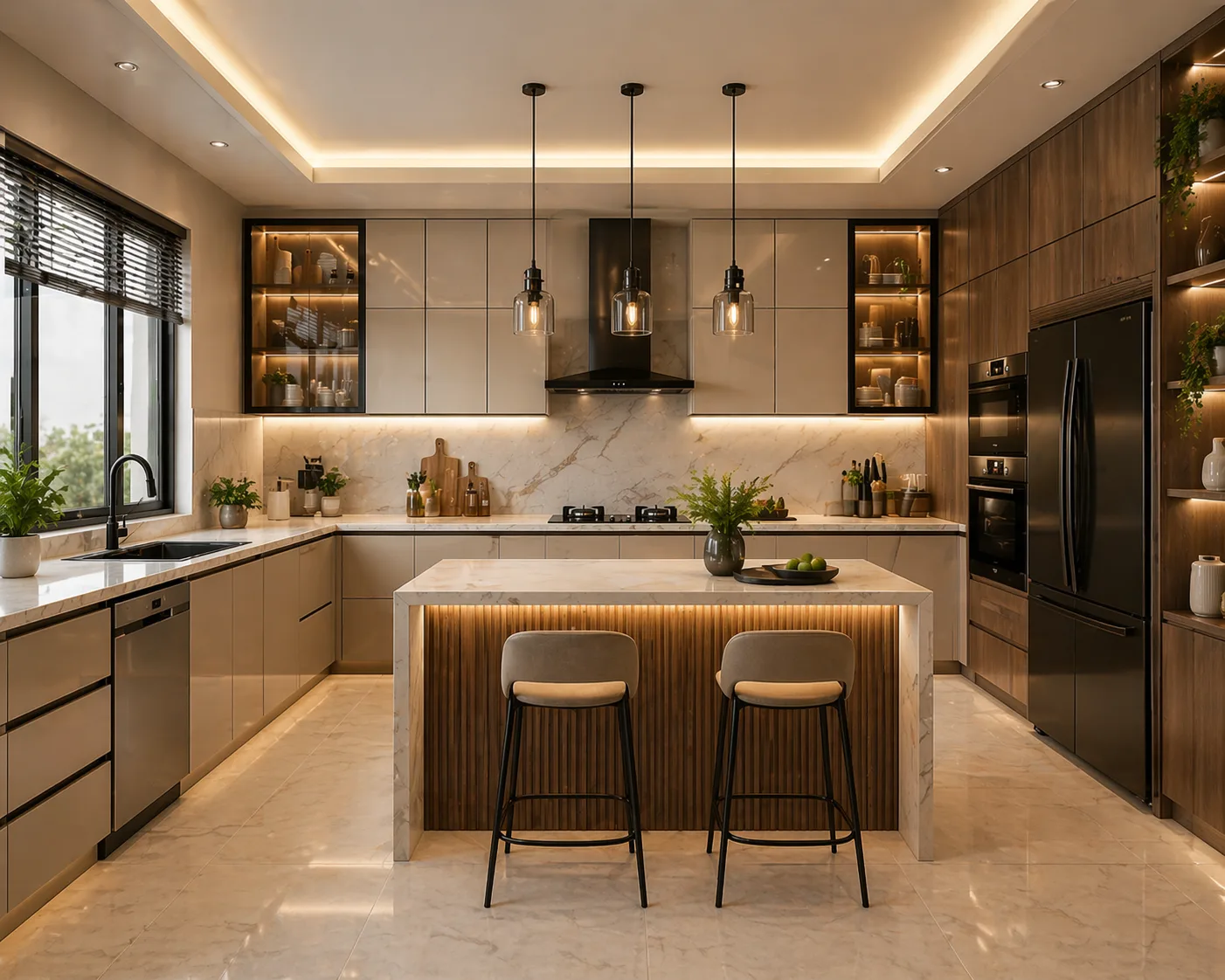 Modern modular kitchen concept with quartz countertops