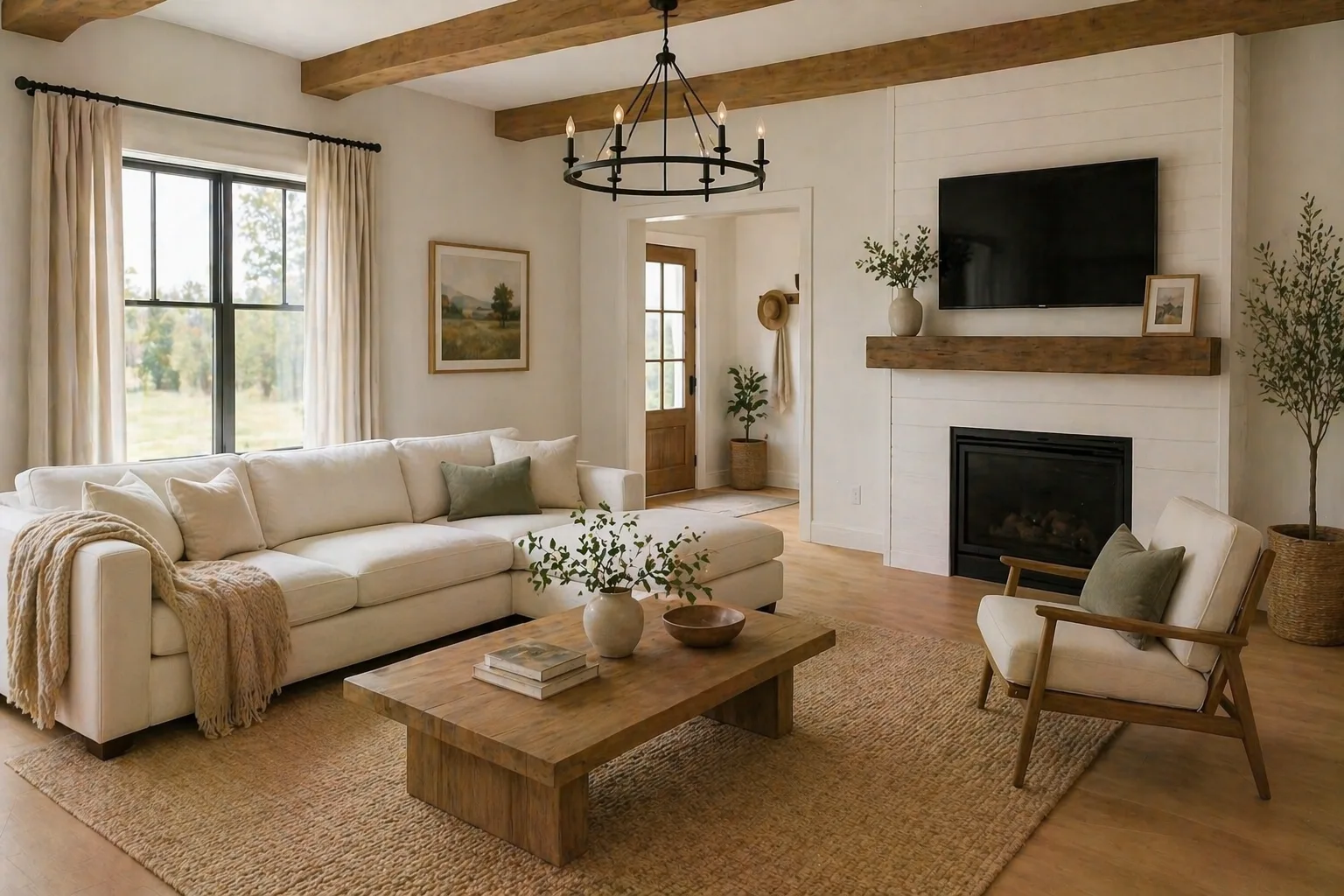 Scandinavian-style smart living room concept with integrated lighting
