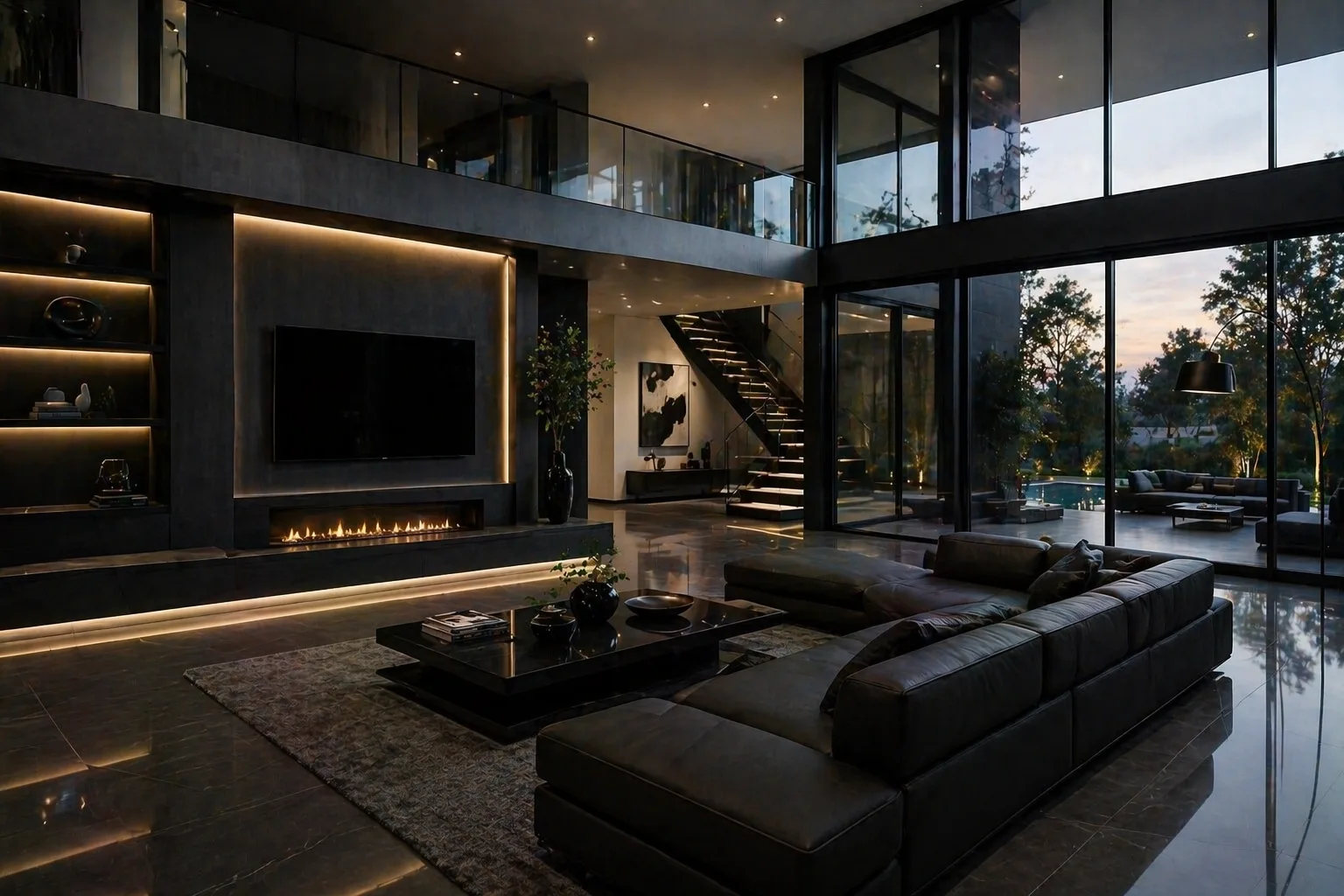 Grand contemporary living room concept with custom millwork