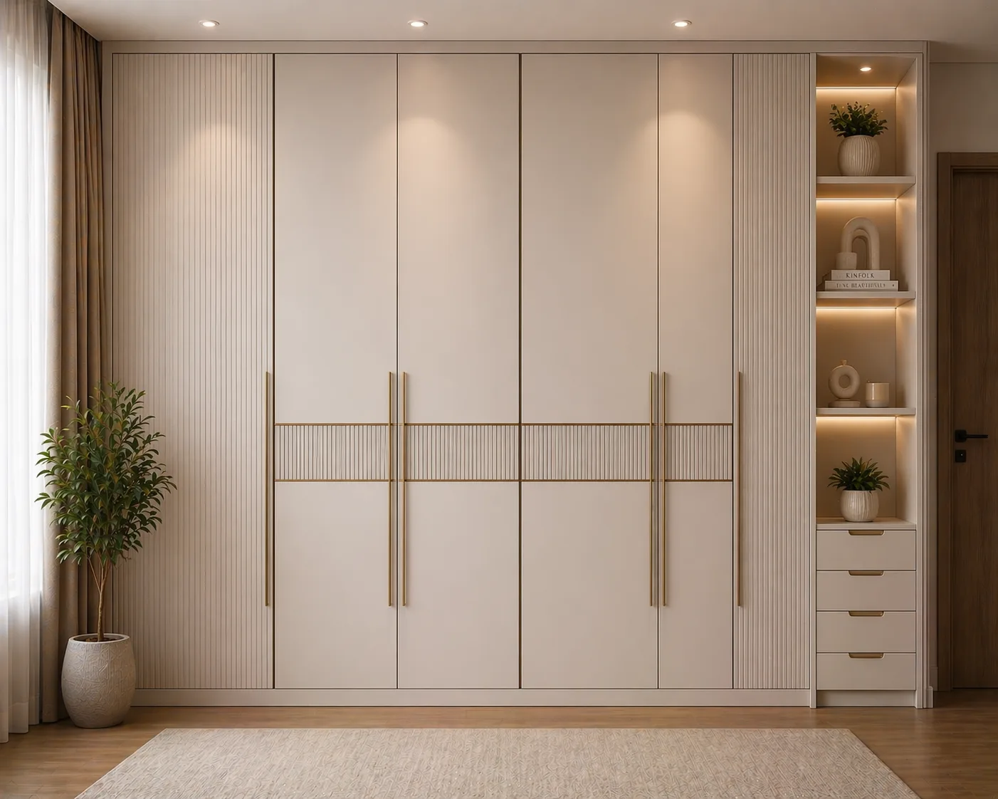 Minimal floor-to-ceiling wardrobe concept with ambient lighting