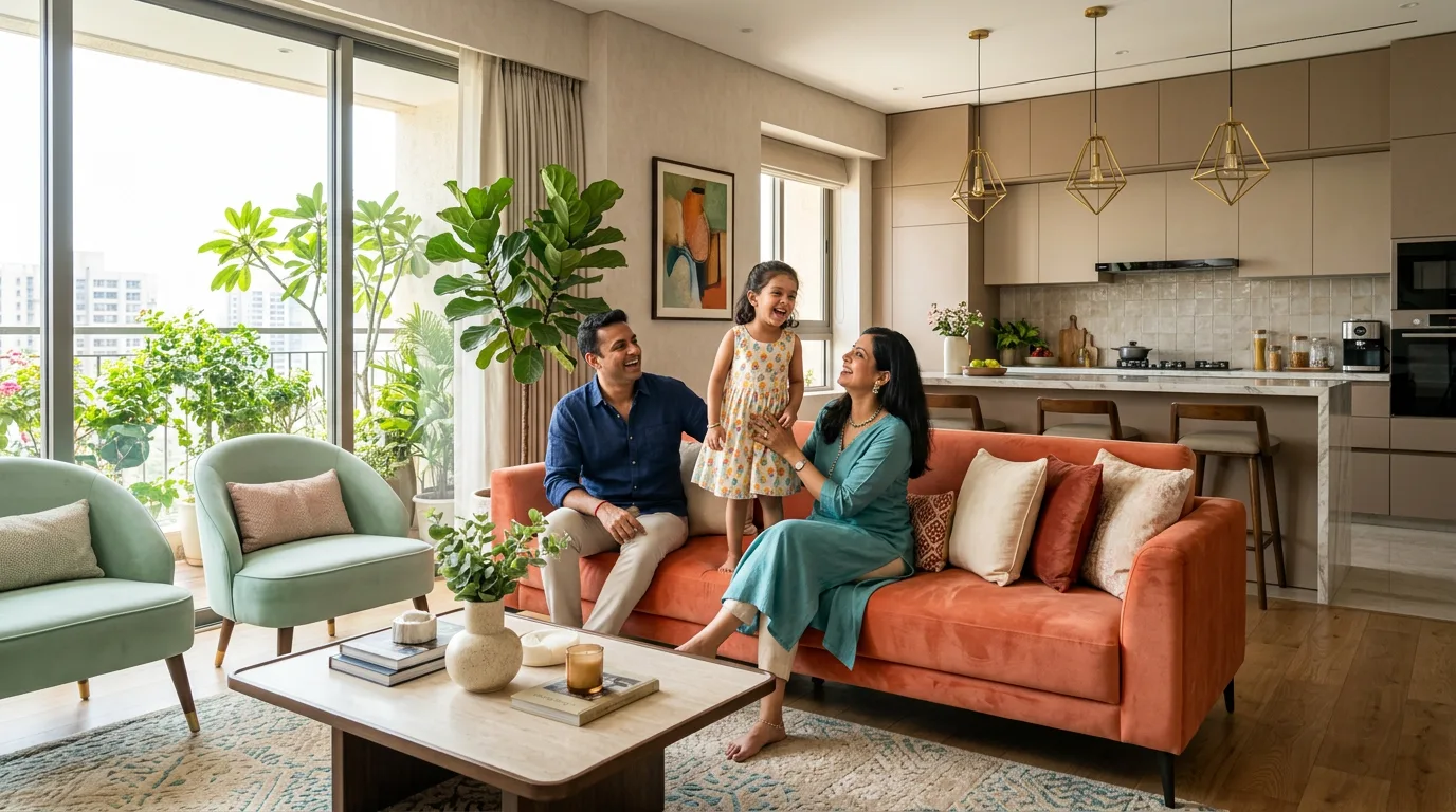 Real Luxora living room with a family at home